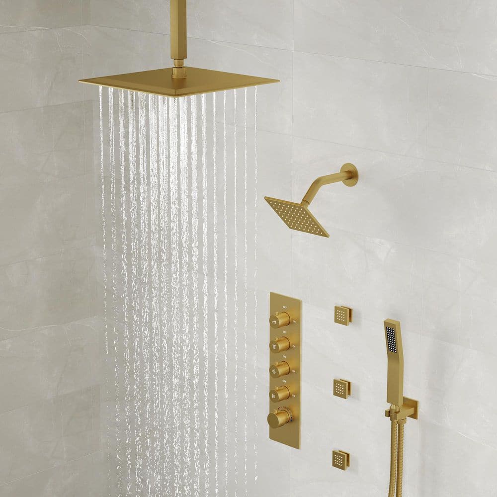 16" Brushed Gold Multi-Head Rainfall Shower System with Handheld