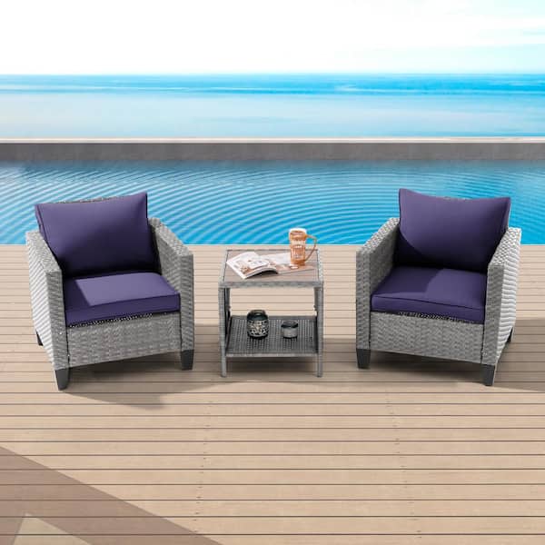 Sonkuki 3-Piece Gray Wicker Patio Outdoor Single Sofa Set Set with Side Table Navy Blue Cushion