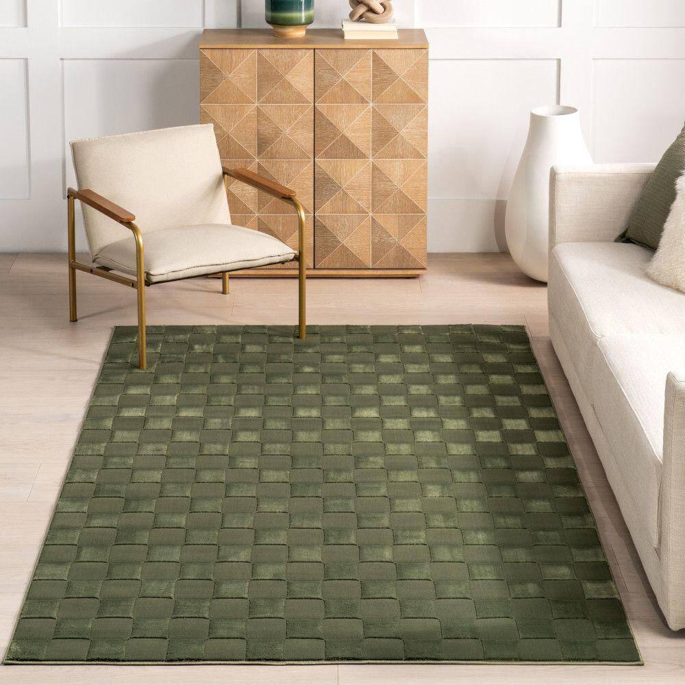 Alaiya Green Checkered Machine Washable Synthetic Area Rug 3' x 5'