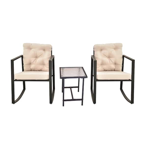 TIRAMISUBEST 3-Piece Wicker Patio Conversation Set Rocking Chair Seat with Beige Cushions