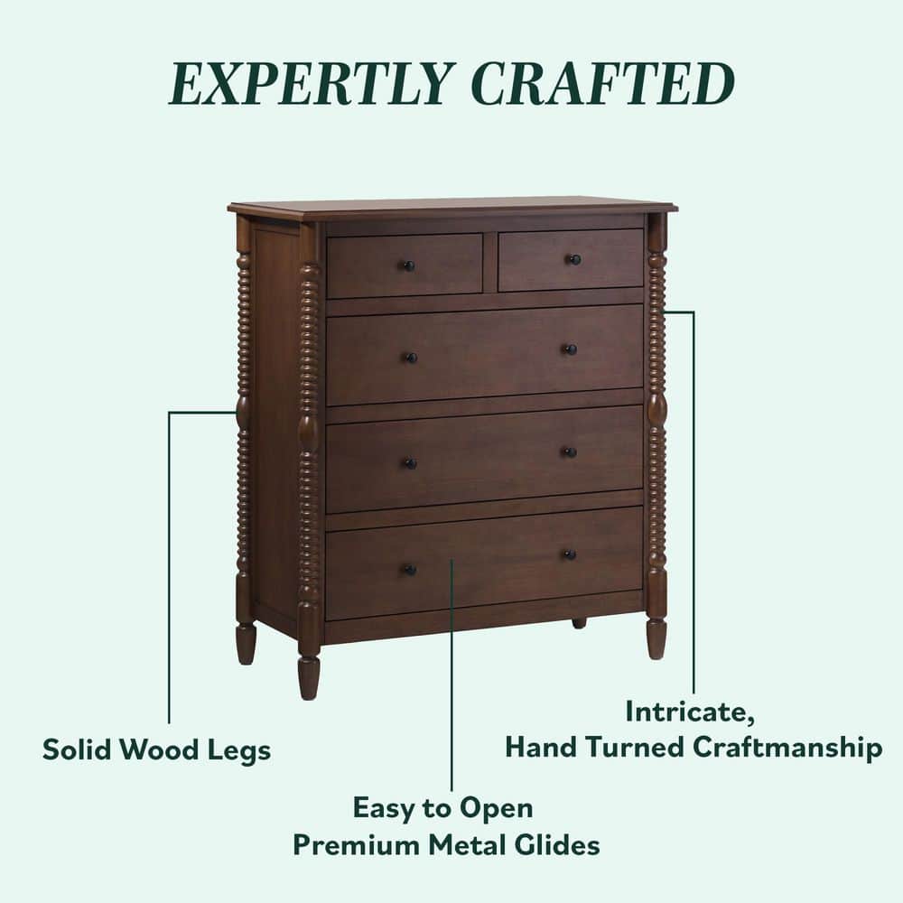 Walker Edison Furniture Company Modern Farmhouse Easy Assembly Dark Brown 5-Drawer 41.5 in. Solid Wood Spindle-Detailing Dresser