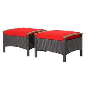2-Piece Wicker Outdoor Ottoman Patio Rattan Footrest Seat with Red Cushions and Curved Acacia Wood Handles