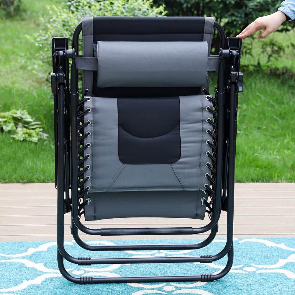 Gray Padded Zero Gravity Lounger with Adjustable Headrest and Cup Holder