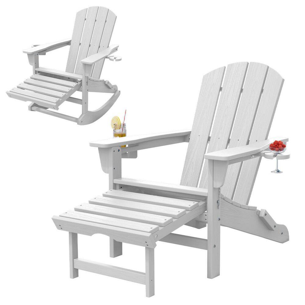 Two views of the white Adirondack rocking chair: one as a rocker and one with the ottoman extended.