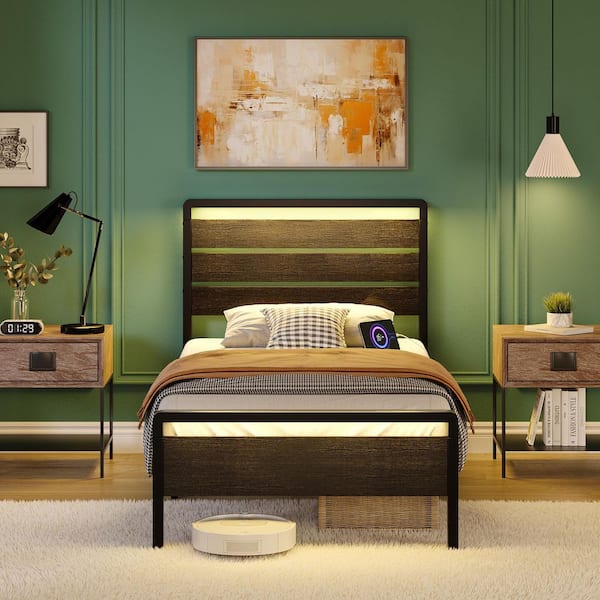 Black Metal Frame Twin Platform Bed with LED Lighting USB Port