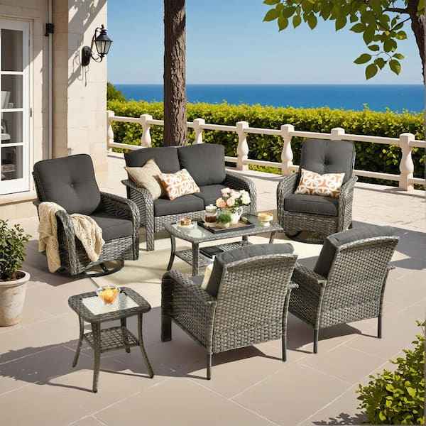 Lily Gray 7-Piece Wicker Outdoor Patio Conversation Seating Set with Swivel Rocking Chairs Coffe Table and Black Cushion