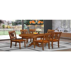 7-Piece Oval Saddle Brown Finish Solid Wood Top Dining Table with 6 Chairs with Lattice Back