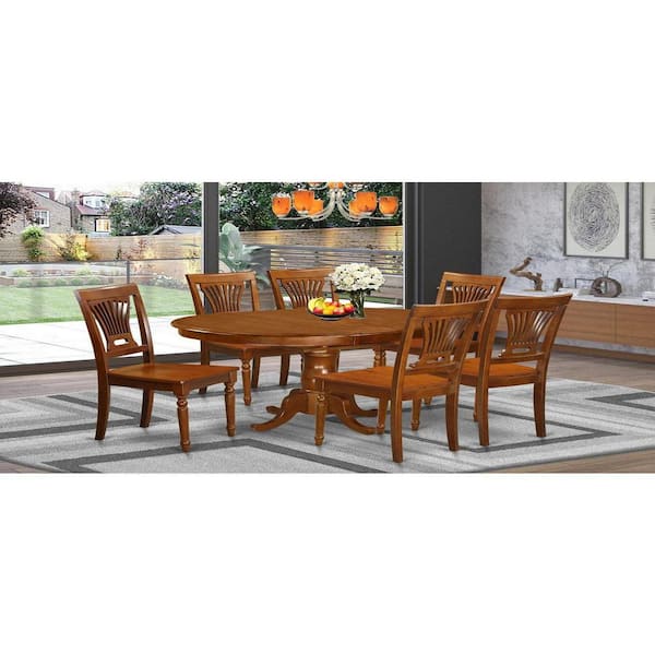 East West Furniture 7-Piece Oval Saddle Brown Finish Solid Wood Top Dining Table with 6 Chairs with Lattice Back
