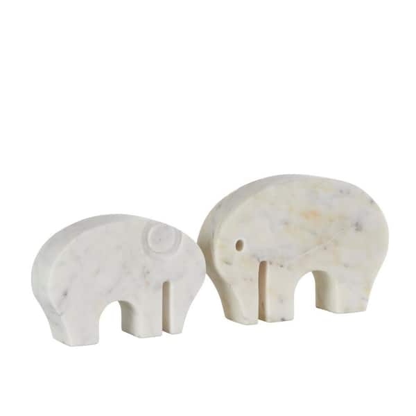 Litton Lane White Marble Rounded Abstract Elephant Sculpture with Gray Marble Veins and Cutouts (Set of 2)