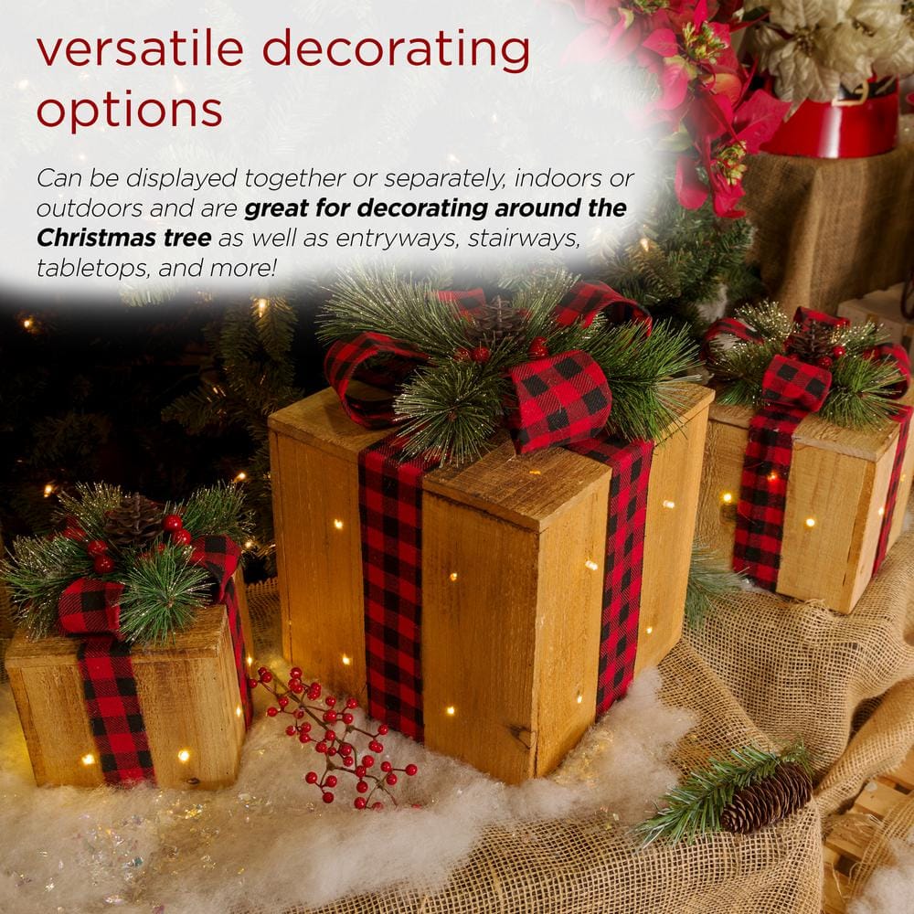 Rustic Wooden Christmas Gift Box Set with LED Lights