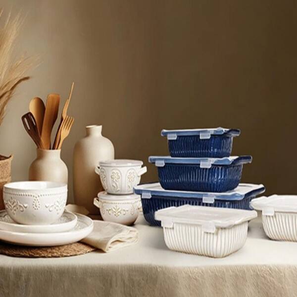 3-Piece Blue Casserole Set with Lids, Ceramic Baking Dish, Large Lasagna Pan With Handles (5.1 qt./2.3 qt./1.1 qt.)