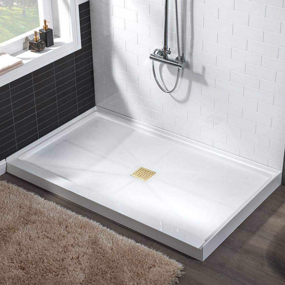 48" White Rectangular Shower Pan with Brushed Gold Drain