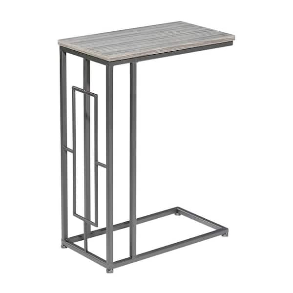10 in. Gray C-Shaped Large Rectangle Wood End Table with Black Metal Base