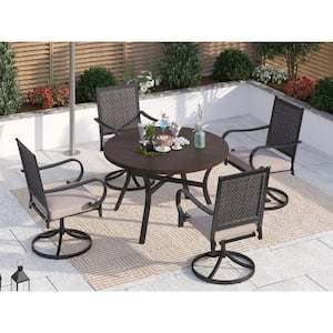 Black 5-Piece Metal Patio Outdoor Dining Set with Wood-Look Round Table and Rattan Swivel Chairs with Beige Cushion