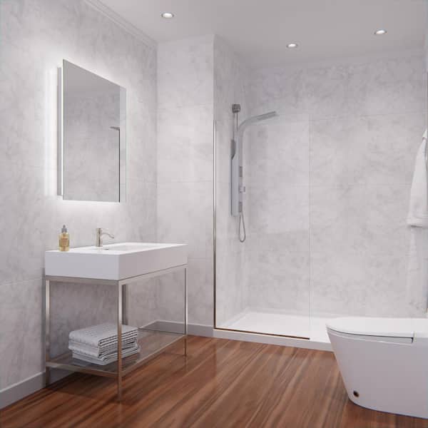 Veil Series 34 in. x 74 in. H Fixed Frameless Shower Door in Brushed Nickel with Tsunami Guard Tempered Clear Glass