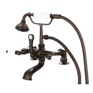 3-Handle Vintage Claw Foot Tub Faucet with Hand Shower and Porcelain Lever Handles in Oil Rubbed Bronze