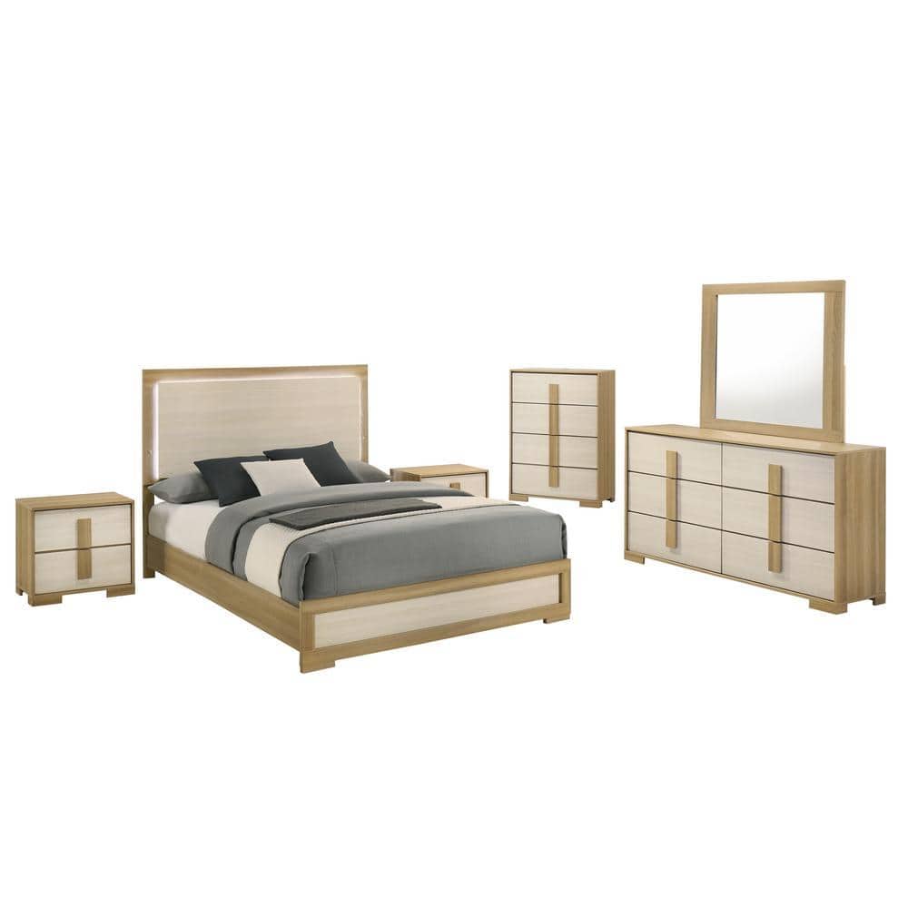 Alissa 6-Piece Natural-White Color Wood Frame Eastern King Panel Bedroom Set