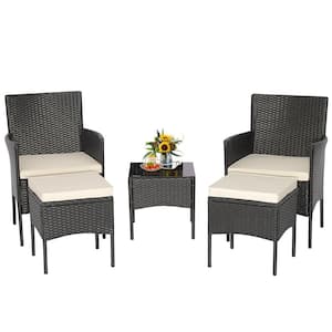 5-Pieces Wicker Patio Conversation Set Outdoor Rattan Sofa Set Cushioned Off White with 2 Ottomans