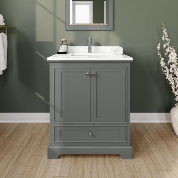 Wyndham Collection Deborah 30 in. W x 22 in. D x 35 in. H Single Bath Vanity in Dark Gray with White Quartz Top and MC Mirror