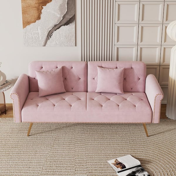 Z-joyee 66 in. Pink Velvet Twin Size Variable Sofa Bed, Baby Pink