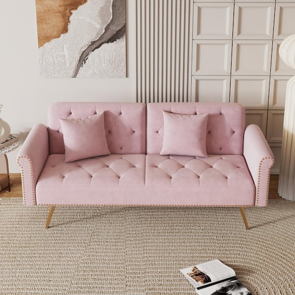 69.7 in. Pink Velvet Nail Head Modern Twin Size Sofa Bed