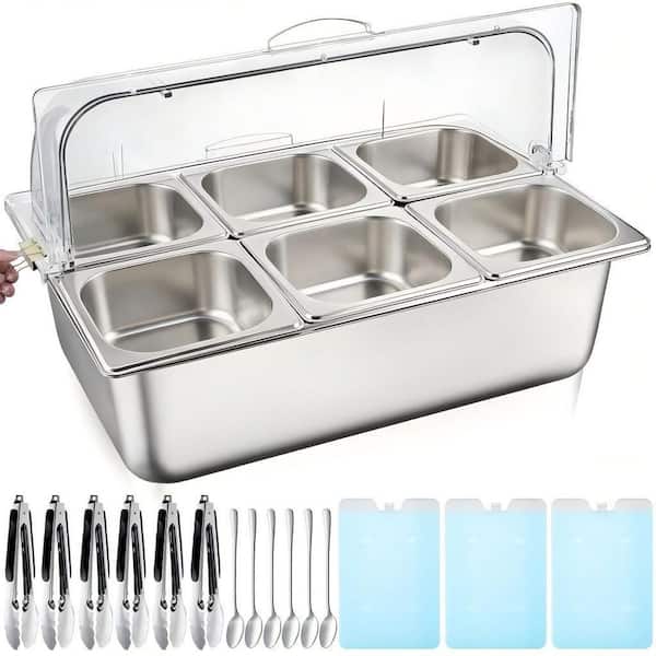16 Pieces Stainless Steel Chilled Condiment Server with Lids, 6 Compartment Ice Cooled Serving Display Caddy