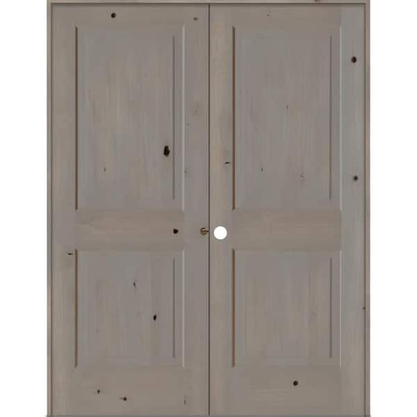 Krosswood Doors 56 in. x 80 in. Rustic Knotty Alder 2-Panel Right-Handed Grey Stain Wood Double Prehung Interior Door with Square-Top