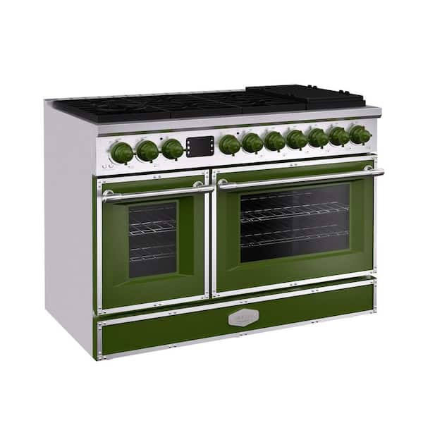 48 in. Freestanding Gas Range with 8 Burners, Double Convection Oven, and Griddle, in Avocado Green with Stainless Steel