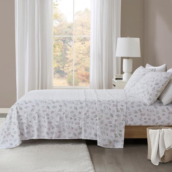 Oversized Cotton Flannel 4-Piece White Tossed Botanical King Sheet Set
