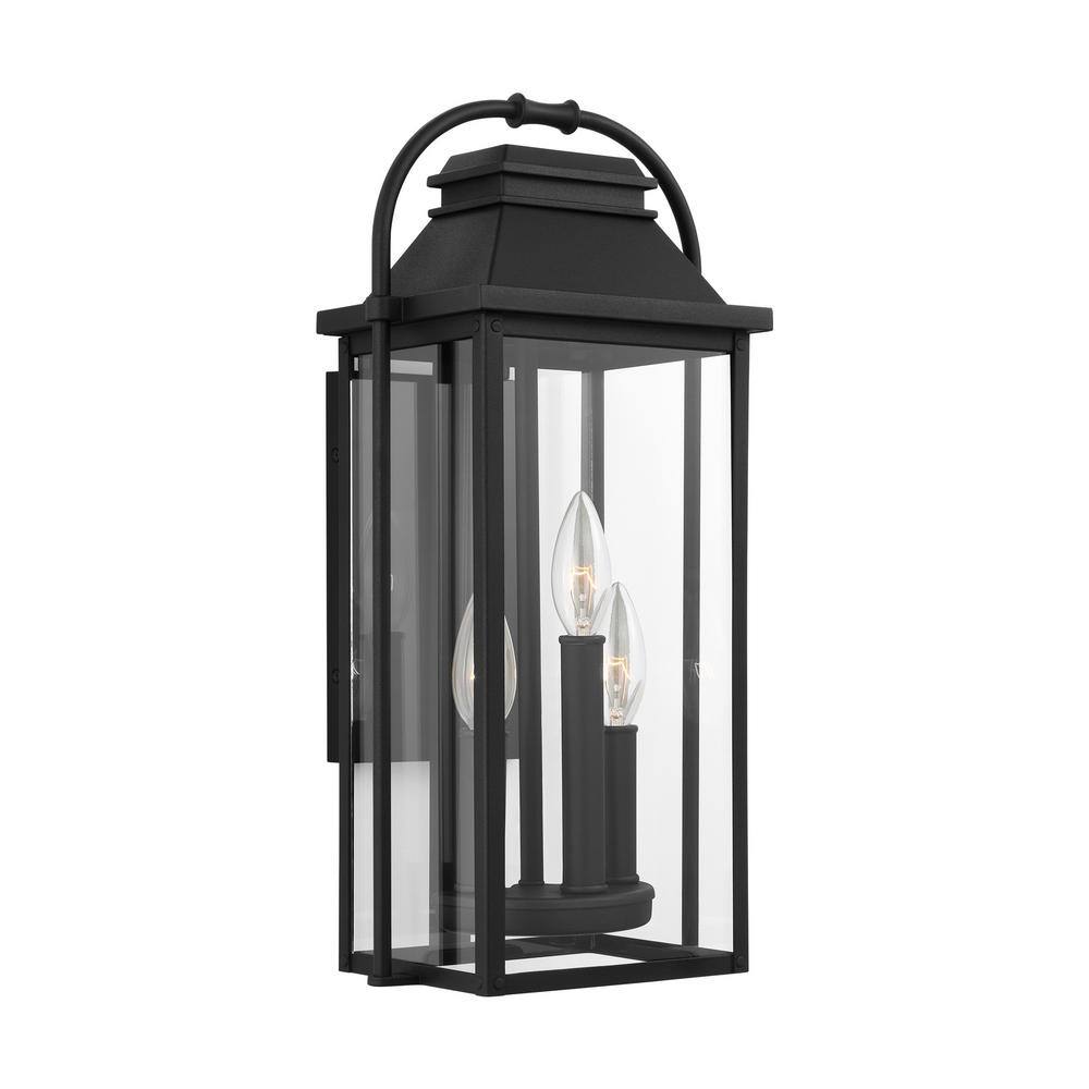 Textured Black 3-Light Outdoor Wall Sconce with Clear Glass Panels