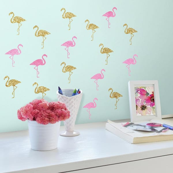 RoomMates 5 in. x 11.5 in. Flamingo 40-Piece Peel and Stick Wall Decals with Glitter