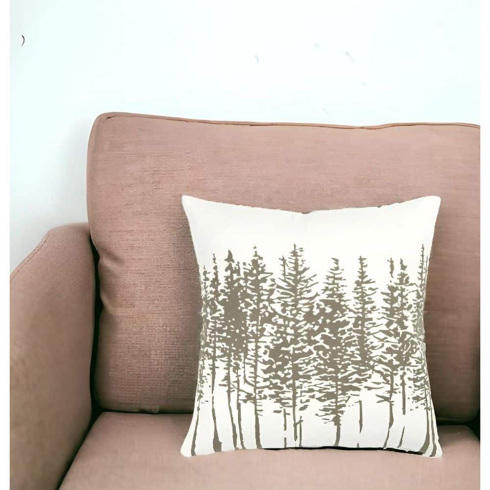Ivory and Gray Cotton Square Tree Print Pillow