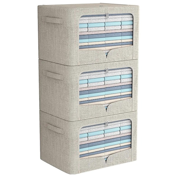 Unbranded 70 qt. Linen Clothes Storage Bin with Lid in Beige (3-Pack)