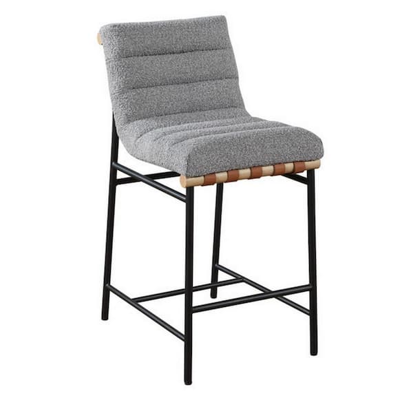 Benjara 26.38 in. Gray, Brown and Black Low Back Metal Frame Bar Stool with Boucle Fabric Seat