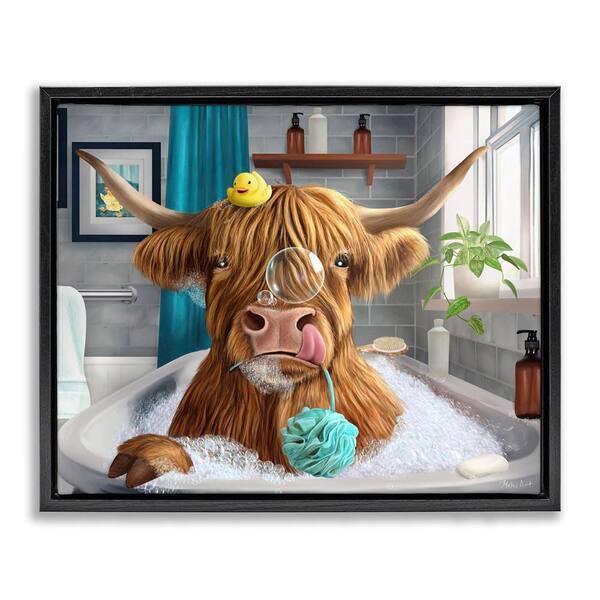 Highland Cow Bubble Bath by Mehu Art Black Floater Frame Animal Graphic Art Print 17 in. x 21 in.