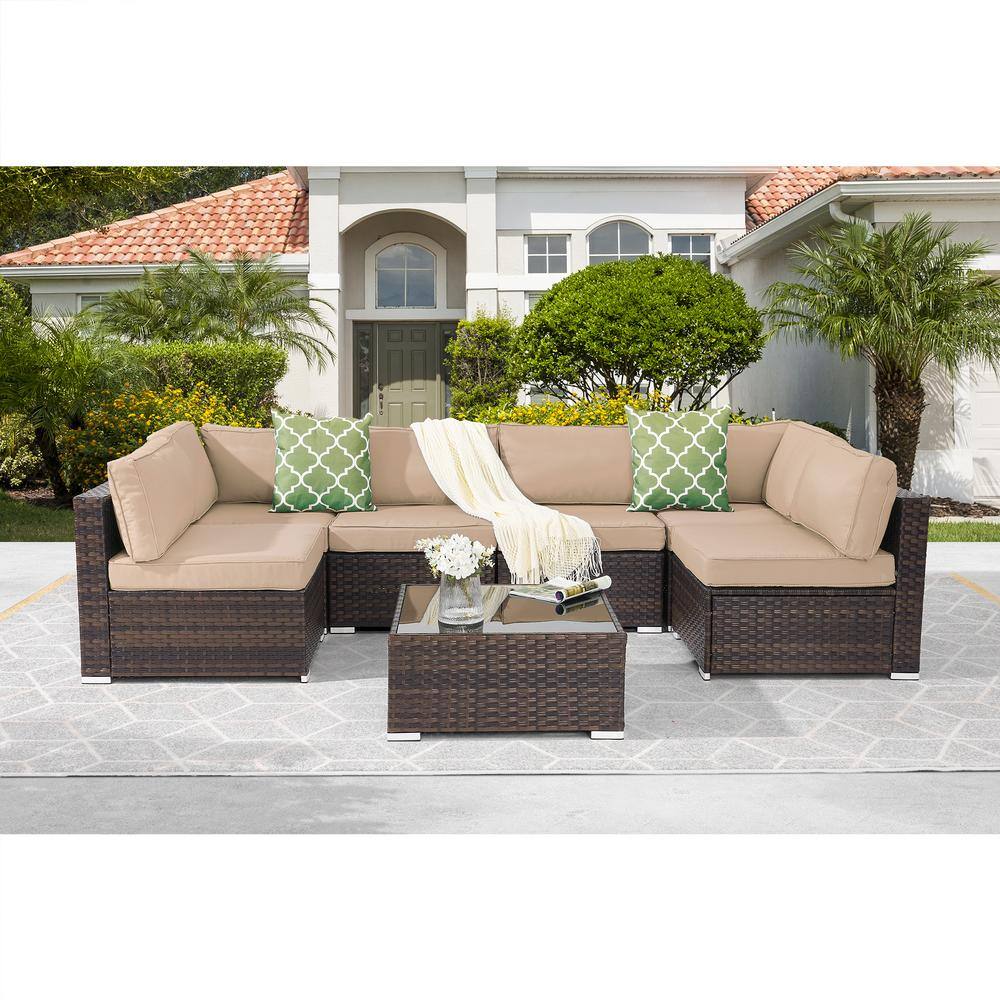 Sonkuki 7-Piece Rattan Wicker Patio Conversation Sectional Seating Set ...