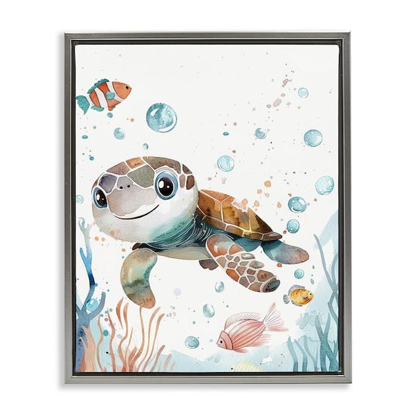 Stupell Industries Smiling Baby Turtle by Franklyn Gregory Gray Floater Frame Animal Graphic Art Print 21 in. x 17 in.