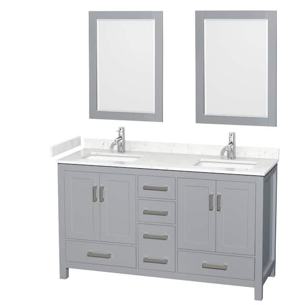 Wyndham Collection Sheffield 60 in. W x 22 in. D x 35 in. H Double Bath Vanity in Gray with Carrara Cultured Marble Top and 24" Mirrors