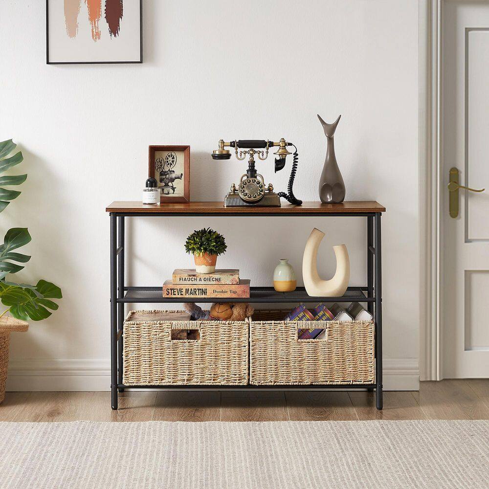 VECELO 32.4" Industrial 3-Tier Console Table with 2 Straw Storage Baskets, Sofa Table with Mesh Shelf for Living Room, Stable Metal Frame for Living Room, Brown