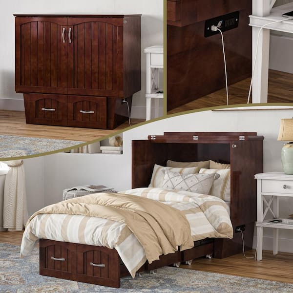 AFI Nantucket Twin Walnut Solid Wood Murphy Bed Chest with Storage Drawer and Charging Station