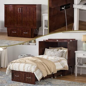Nantucket Twin Walnut Solid Wood Murphy Bed Chest with Storage Drawer and Charging Station