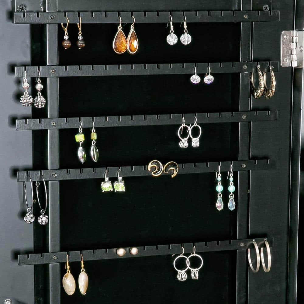 Black Wood Wall Mounted Jewelry Armoire with Mirror