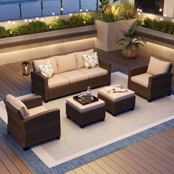 PHI VILLA Brown Rattan Wicker 7 Seat 5-Piece Steel Patio Outdoor Sectional Set with Beige Cushions and 2 Ottomans