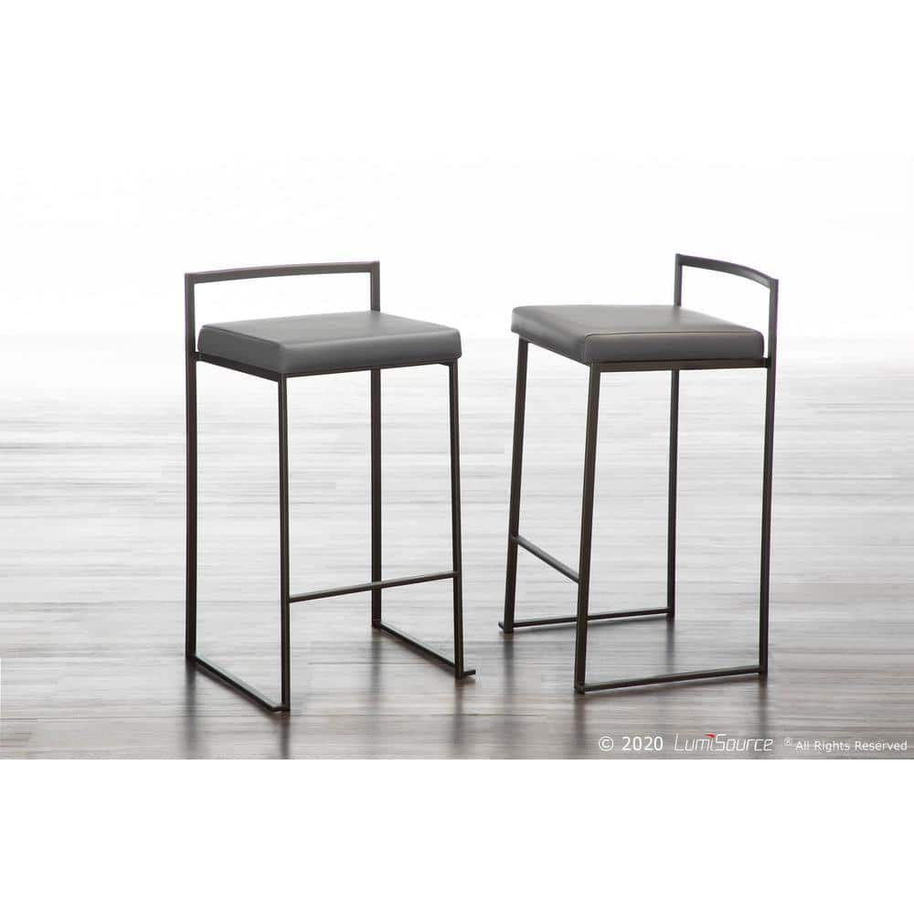 Antique Metal and Grey Faux Leather Stackable Counter Stools, Set of 2
