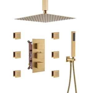 Athens Multiple 5-Spray Patterns Dual 12 in. Ceiling Mount Rainfall Shower Heads 2.5 GPM with 6-Jet, Valve in Champagne
