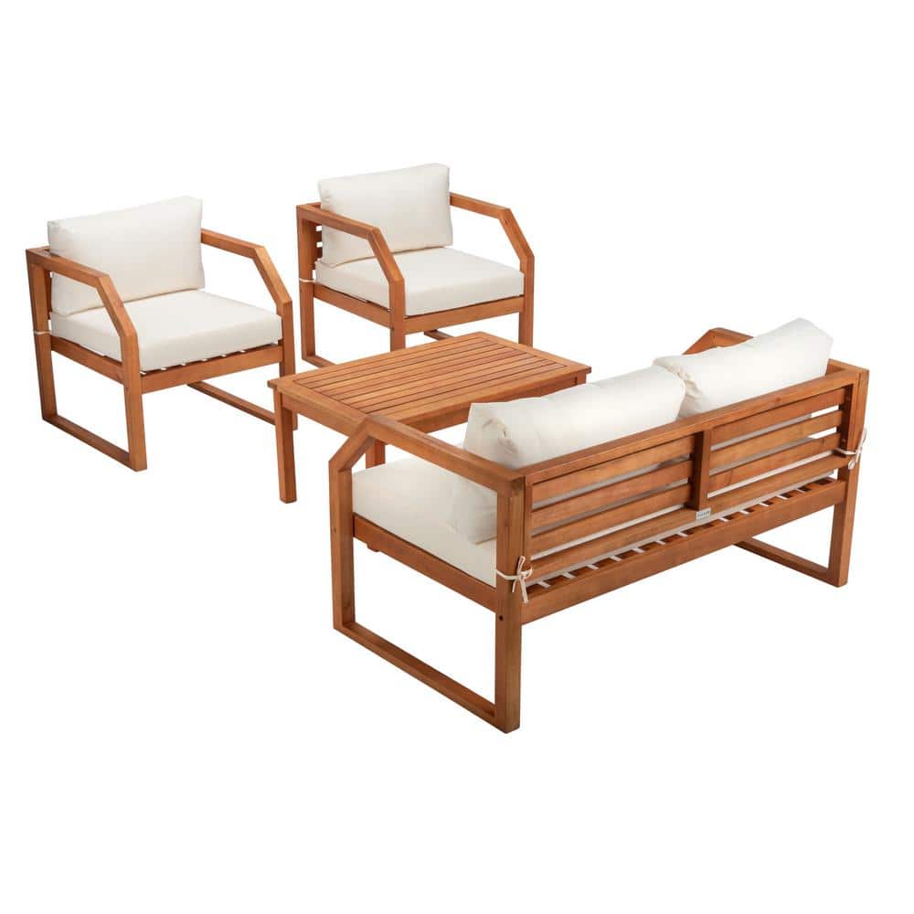 Natural Eucalyptus Wood 4-Piece Outdoor Living Set with Beige Cushions