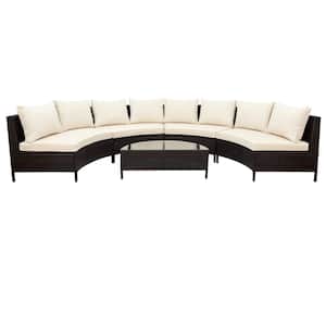 5-Piece Rattan Conversation Set with Tempered Glass Table with Beige Cushions