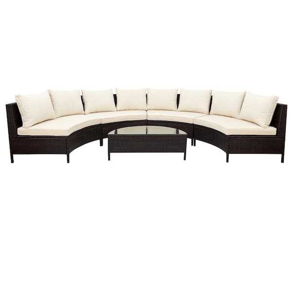 Staykiwi 5-Piece Rattan Conversation Set with Tempered Glass Table with Beige Cushions