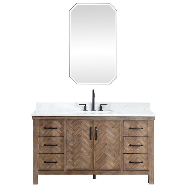 ROSWELL Javier 60 in. W x 22 in. D x 33.9 in. H Single Sink Bath Vanity in Gray with White Grain Composite Stone Top and Mirror