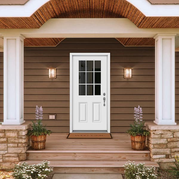 JELD-WEN 32 in. x 80 in. 9 Lite Primed Fiberglass Prehung Entry